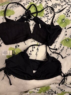 2 black swim tops. Red Carter string tie top, L Space top ties at neck/sides